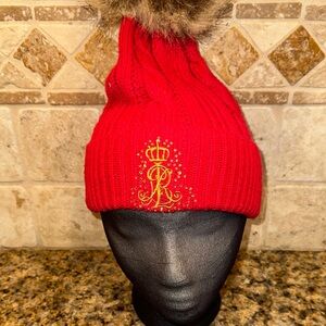 Lauren Ralph Lauren Red Knit Hat with Fur Pom